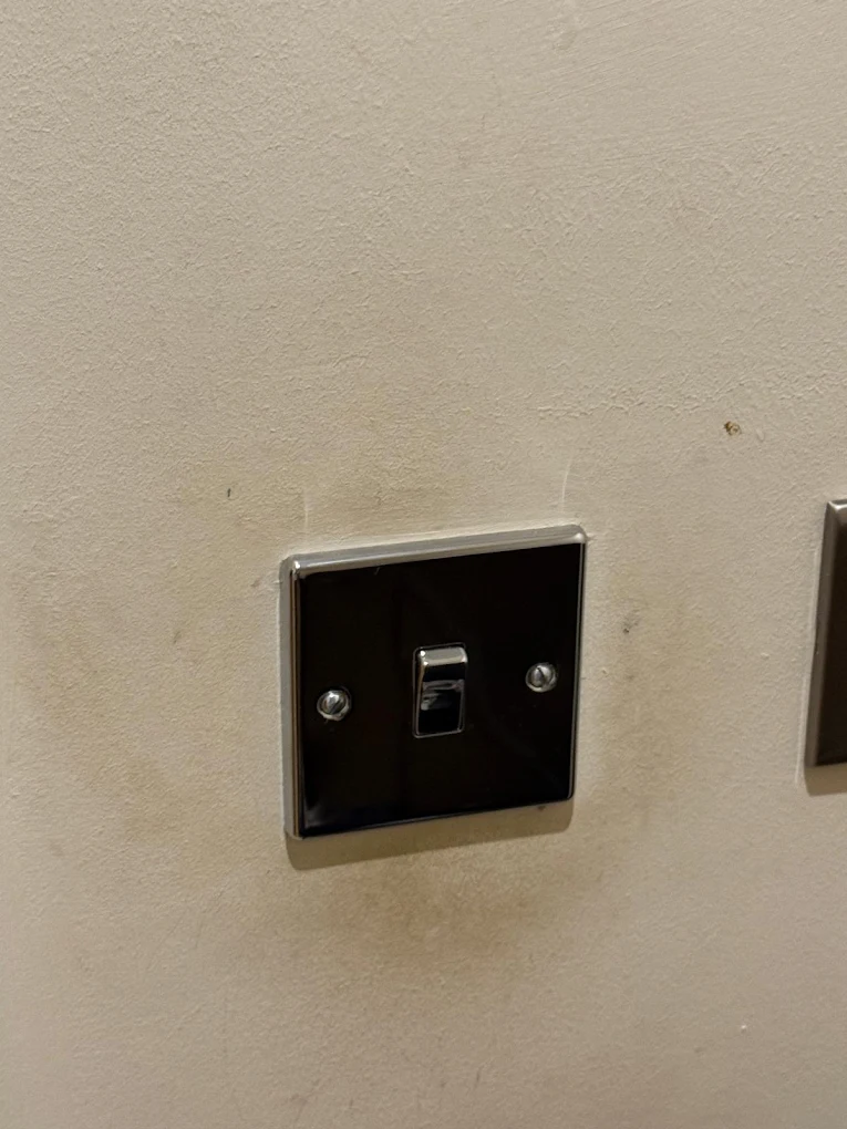 Chrome light switch replaced on a hallway wall