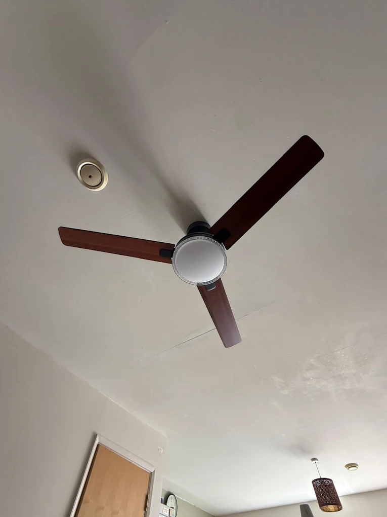 Three blade ceiling fan with light installed on a ceiling